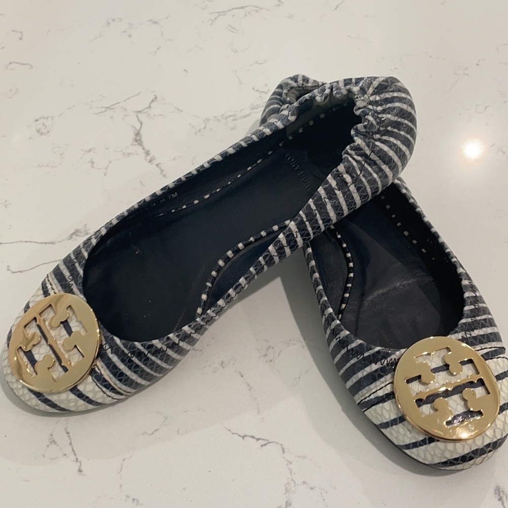 TORY BURCH BALLET FLATS LEATHER SHOES NAVY BLUE WHITE STRIPES & GOLD